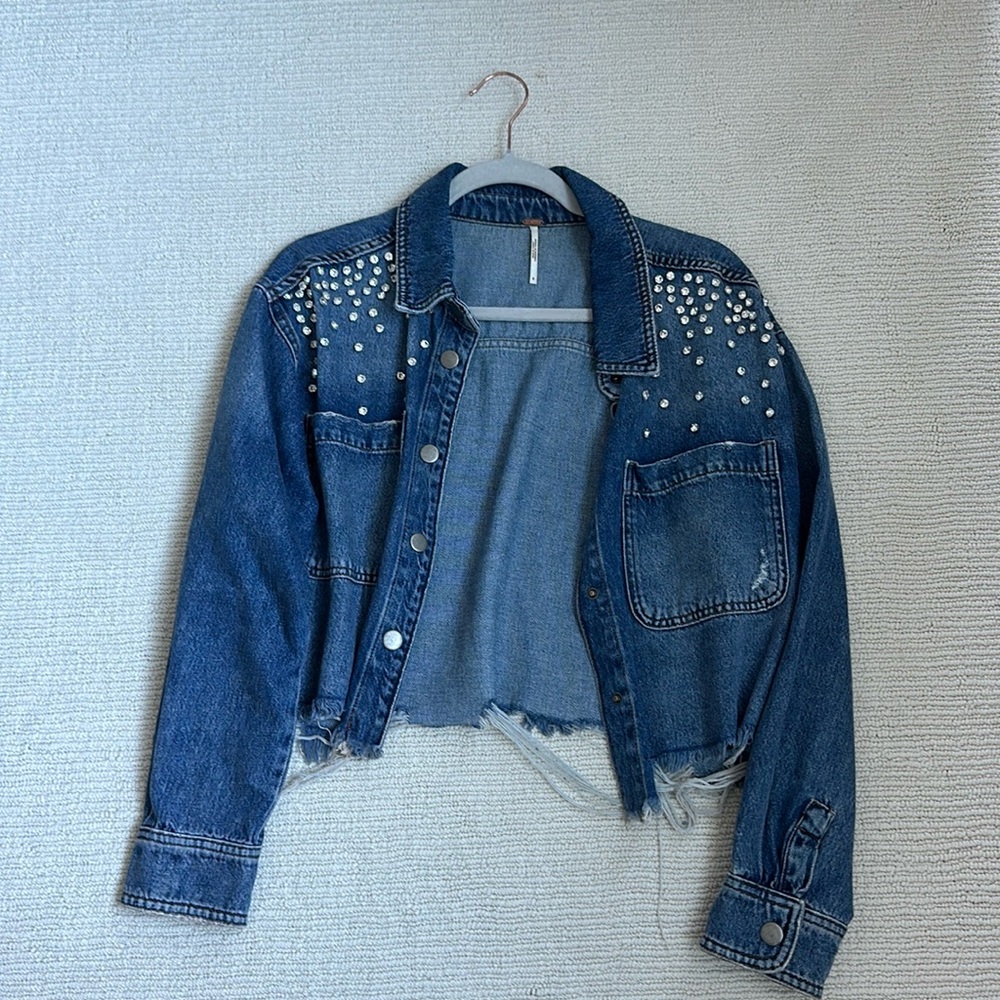 free people cropped bedazzled jean jacket